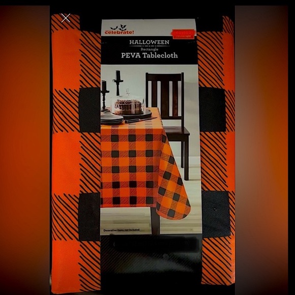 RECTANGLE TABLECLOTH BLACK ORANGE CHECK  LINED FLEECE NEW 60”x84” HALLOWEEN FALL - Picture 3 of 3